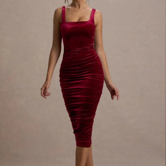 Cora Berry Velvet Square-Neck Bodycon Midi Dress - Picture 2 of 4